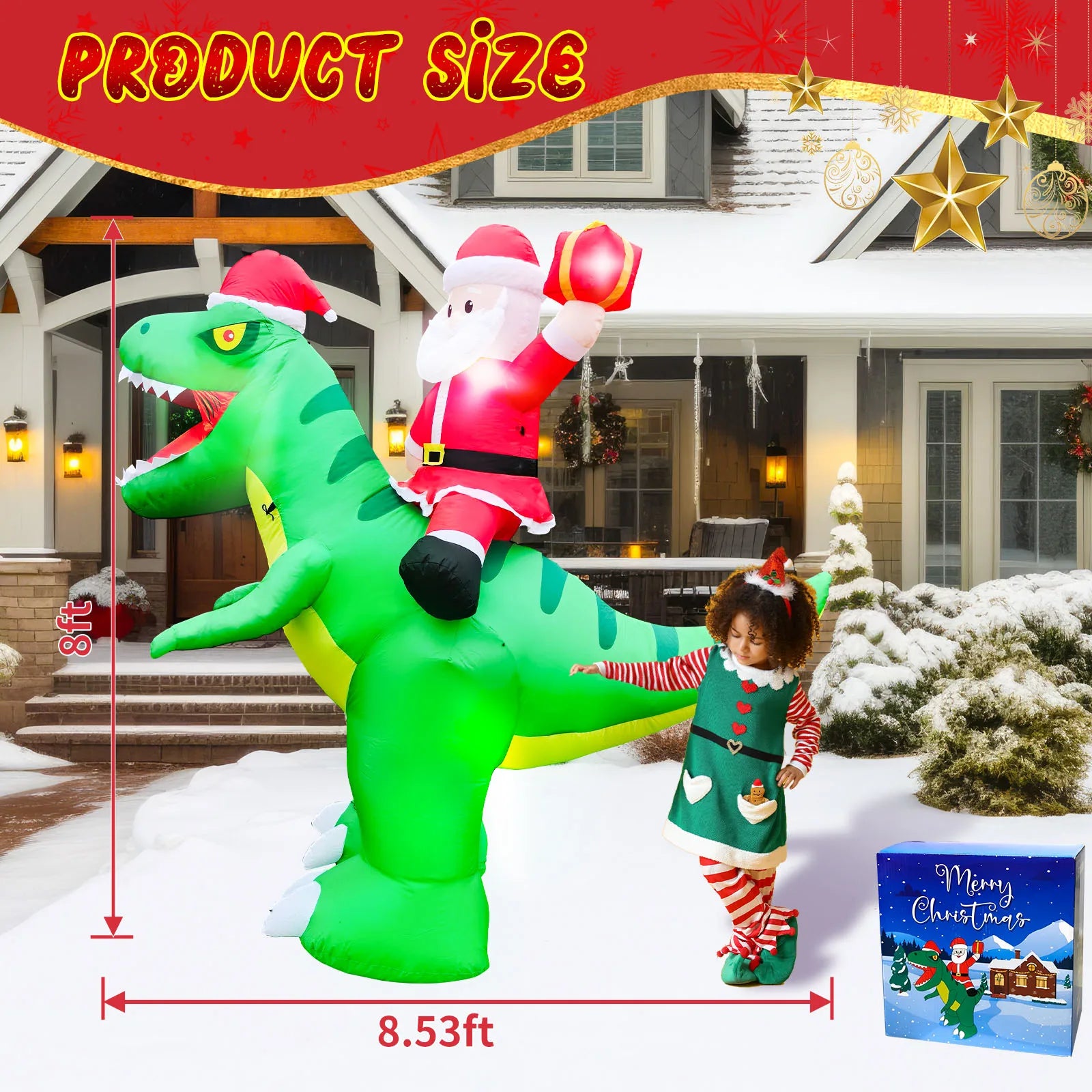 SRANWOW 8.5 FT Santa on Tyrannosaurus Rex Christmas Inflatable Outdoor Decorations with 6 LED Lights Christmas Blow Up Yard Decoration Holiday Yard Decor Large Sets for Garden Lawn Xmas Party