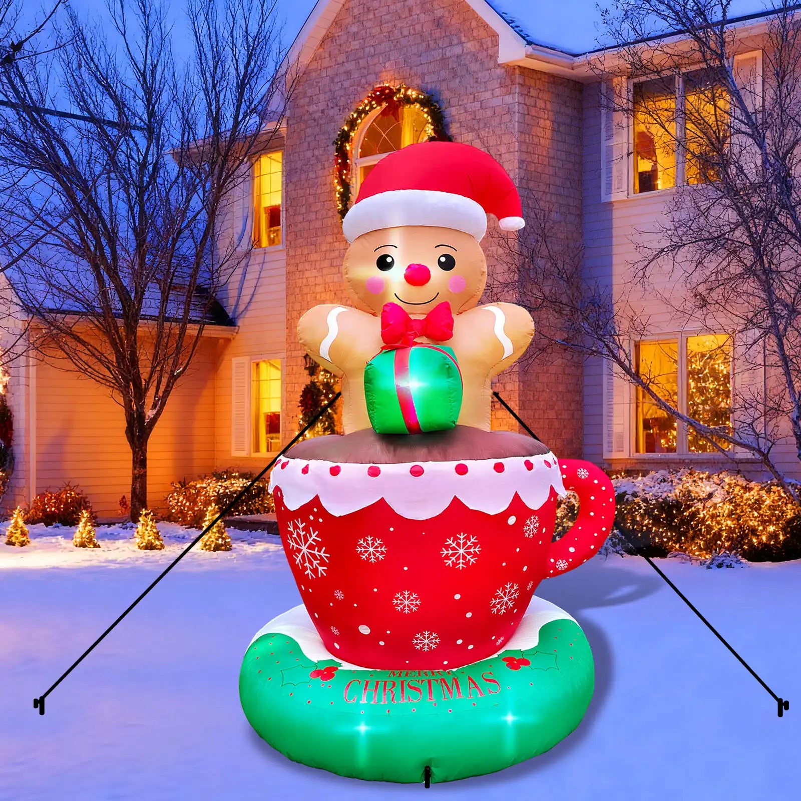 SRANWOW 8 FT Christmas Inflatable Gingerbread Man in Hot Cocoa Mug Outdoor Decorations with 6 LED Lights Holiday Yard Decoration Christmas Blow Up Decor Large Sets for Garden Lawn Xmas Party