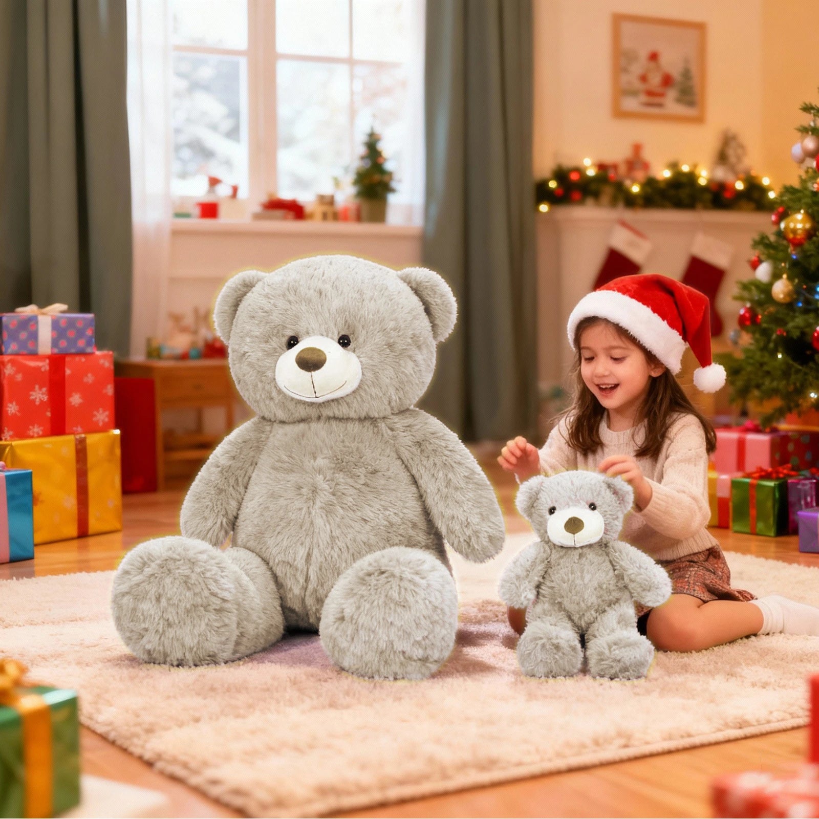 SRANWOW 2-in-1 Teddy Bear Plush Set, 39.4 inch Large & 17.7 inch Small, Stuffed Animal with Hidden Storage (Gray)