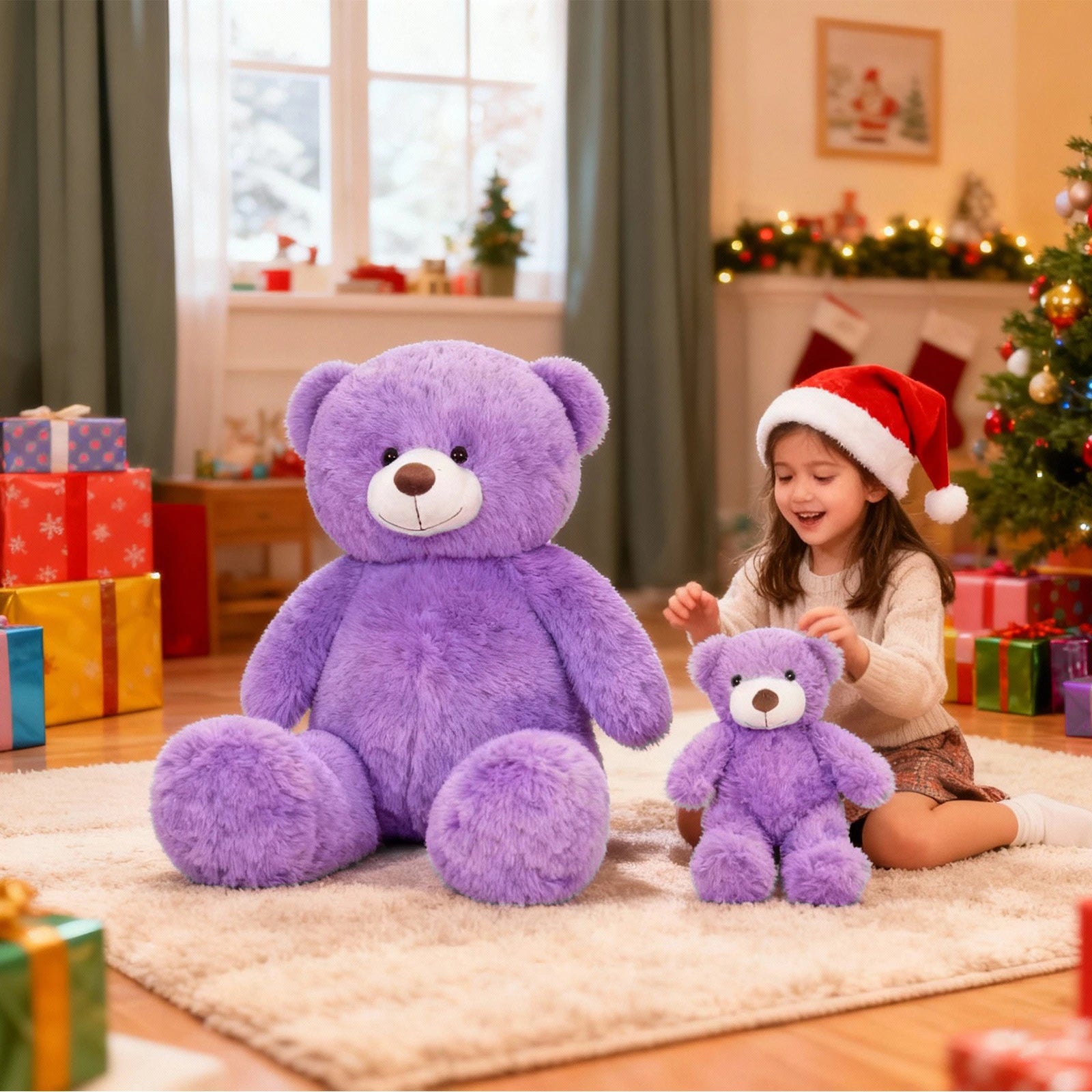 SRANWOW 2-in-1 Teddy Bear Plush Set, 39.4 inch Large & 17.7 inch Small, Stuffed Animal with Hidden Storage (Purple)
