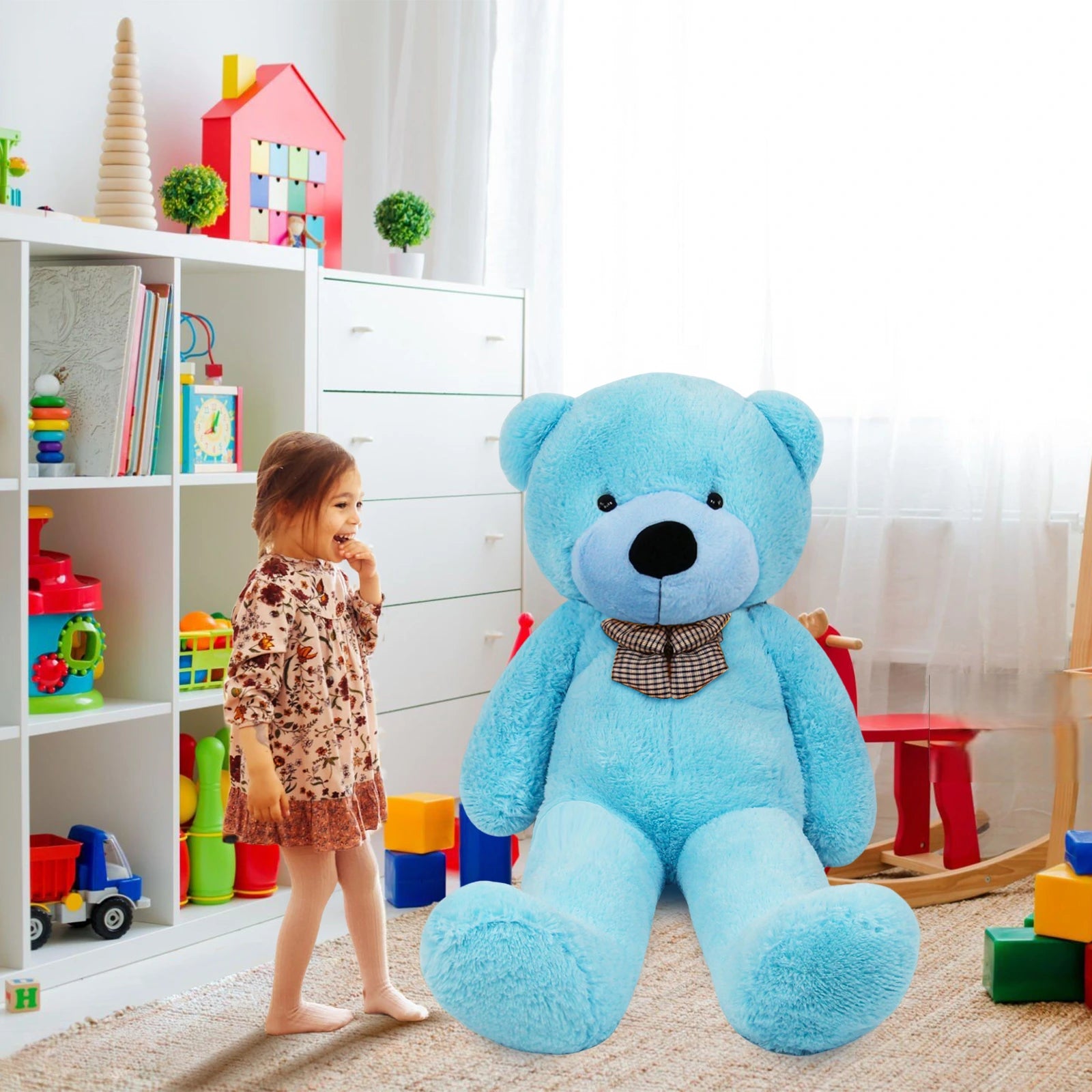 SRANWOW 3.7 feet 4.3 feet 5 feet 5.7 feet Giant Teddy Bear with Bow Tie, Super Soft Plush (Blue, 67 Inch)