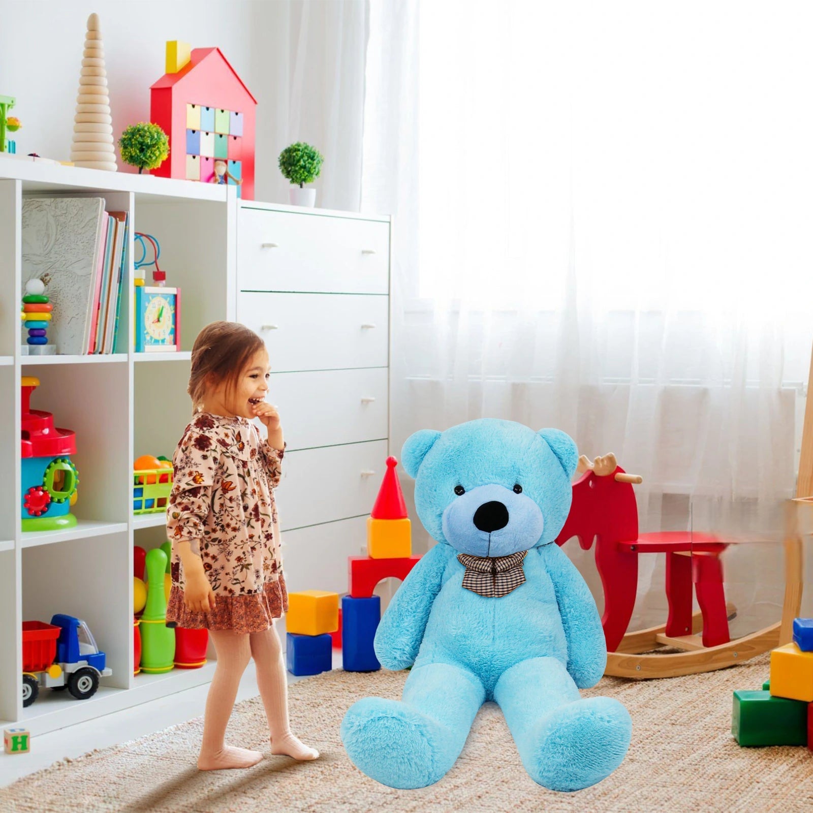 SRANWOW 3.7 feet 4.3 feet 5 feet 5.7 feet Giant Teddy Bear with Bow Tie, Super Soft Plush (Blue, 51 Inch)