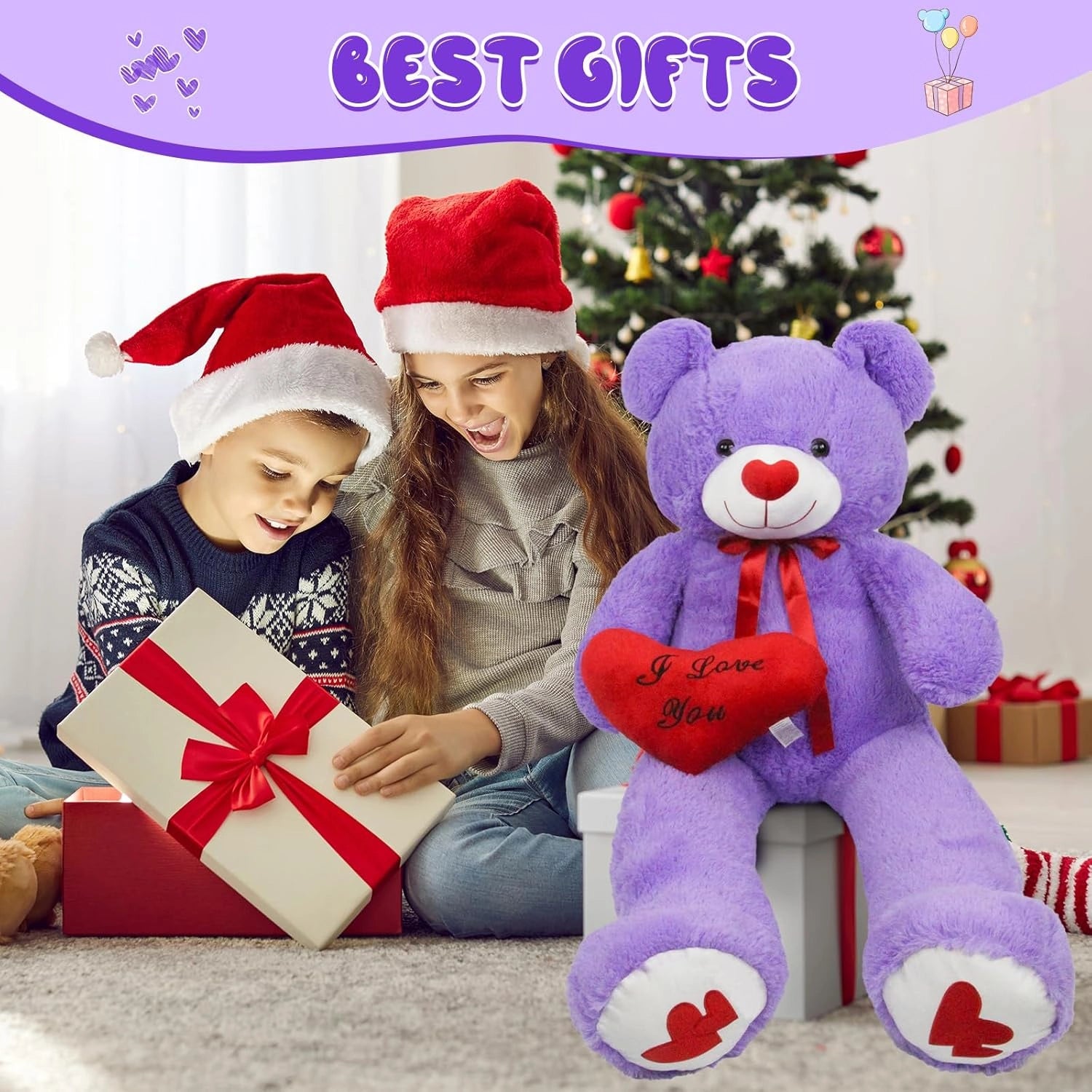 SRANWOW 51.2 Inch Giant Teddy Bear with Soft Heart Pillow, Plush Stuffed Animal, Valentine's Day Gift (Purple)
