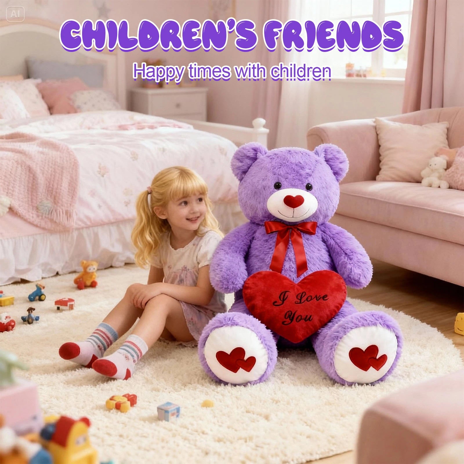 SRANWOW 43.3 Inch Giant Teddy Bear with Soft Heart Pillow, Plush Stuffed Animal, Valentine's Day Gift (Purple)
