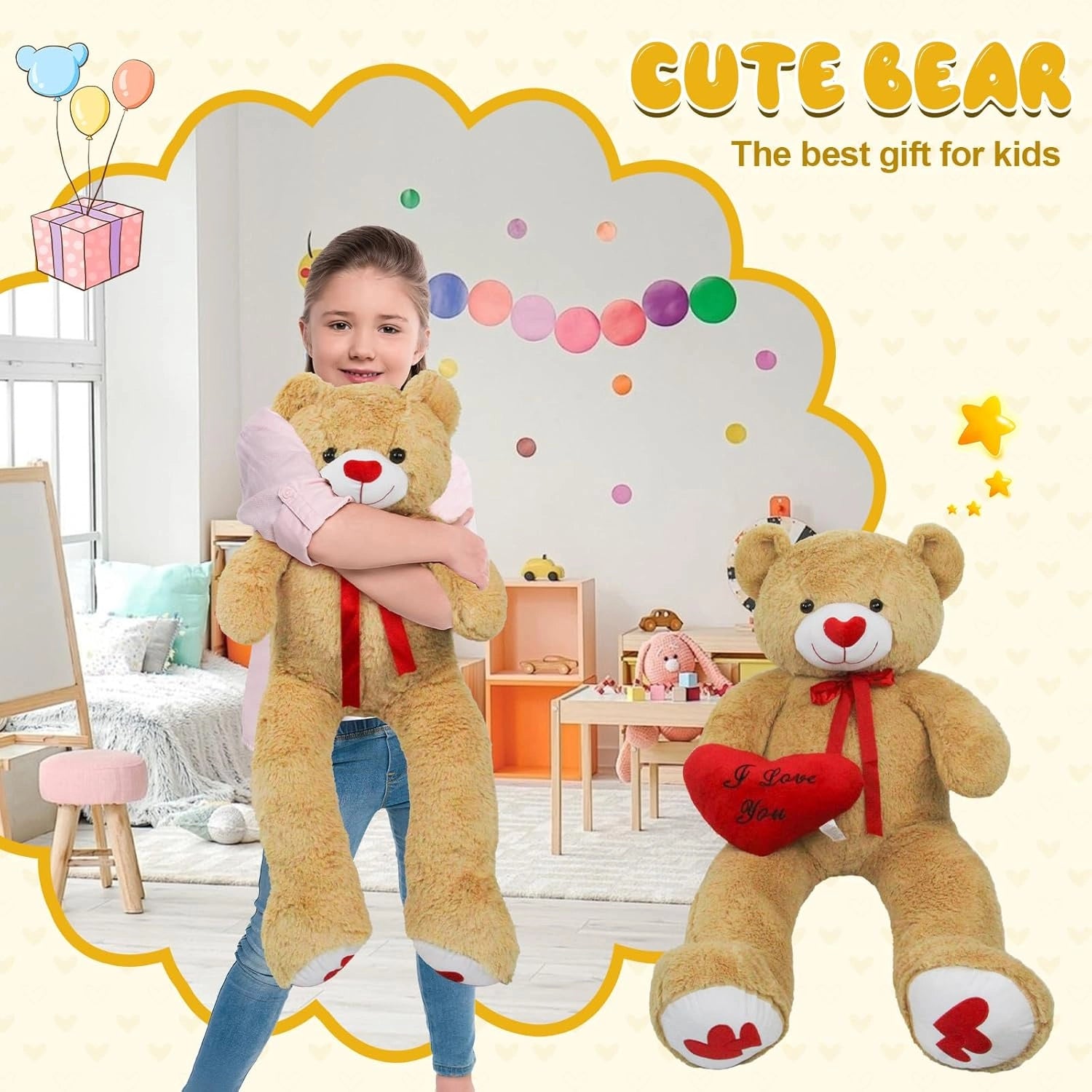 SRANWOW 51.2 Inch Giant Teddy Bear with Soft Heart Pillow, Plush Stuffed Animal, Valentine's Day Gift (Light Brown)