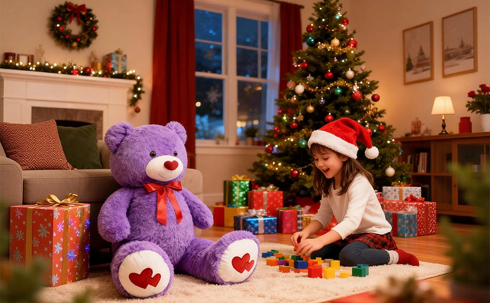 SRANWOW 43.3 Inch Giant Teddy Bear with Soft Heart Pillow, Plush Stuffed Animal, Valentine's Day Gift (Purple) - Detail 4