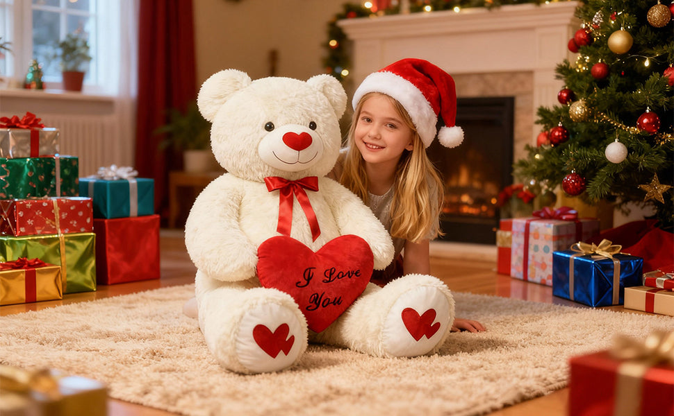SRANWOW 43.3 Inch Giant Teddy Bear with Soft Heart Pillow, Plush Stuffed Animal, Valentine's Day Gift (White) - Detail 2
