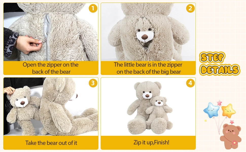 SRANWOW 2-in-1 Teddy Bear Plush Set, 39.4 inch Large & 17.7 inch Small, Stuffed Animal with Hidden Storage (Gray) - Detail 2