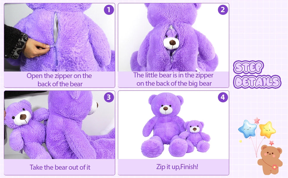 SRANWOW 2-in-1 Teddy Bear Plush Set, 39.4 inch Large & 17.7 inch Small, Stuffed Animal with Hidden Storage (Purple) - Detail 2