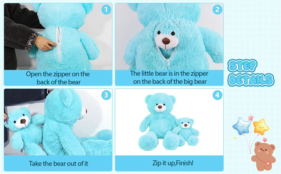 SRANWOW 2-in-1 Teddy Bear Plush Set, 39.4 inch Large & 17.7 inch Small, Stuffed Animal with Hidden Storage (Blue) - Detail 2