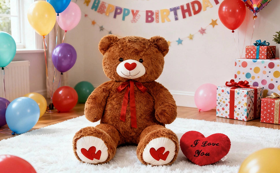 SRANWOW 43.3 Inch Giant Teddy Bear with Soft Heart Pillow, Plush Stuffed Animal, Valentine's Day Gift (Dark Brown) - Detail 2