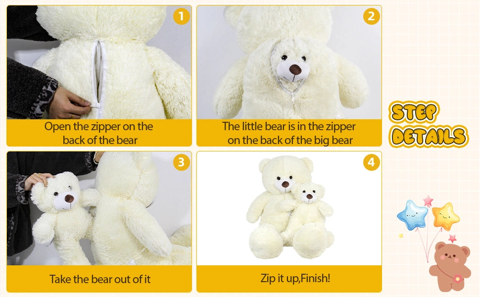 SRANWOW 2-in-1 Teddy Bear Plush Set, 39.4 inch Large & 17.7 inch Small, Stuffed Animal with Hidden Storage (Cream) - Detail 2