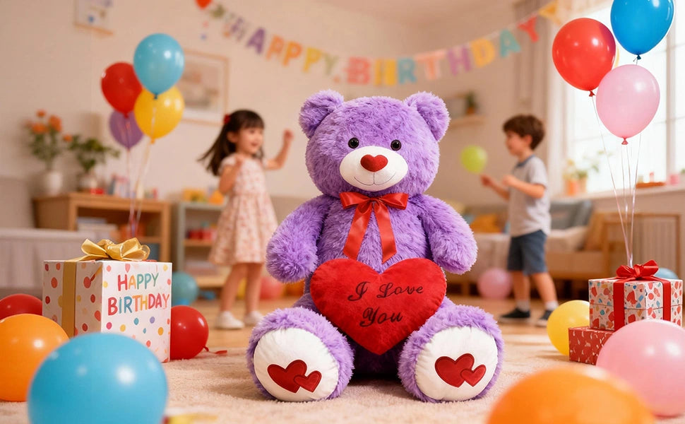 SRANWOW 43.3 Inch Giant Teddy Bear with Soft Heart Pillow, Plush Stuffed Animal, Valentine's Day Gift (Purple) - Detail 1