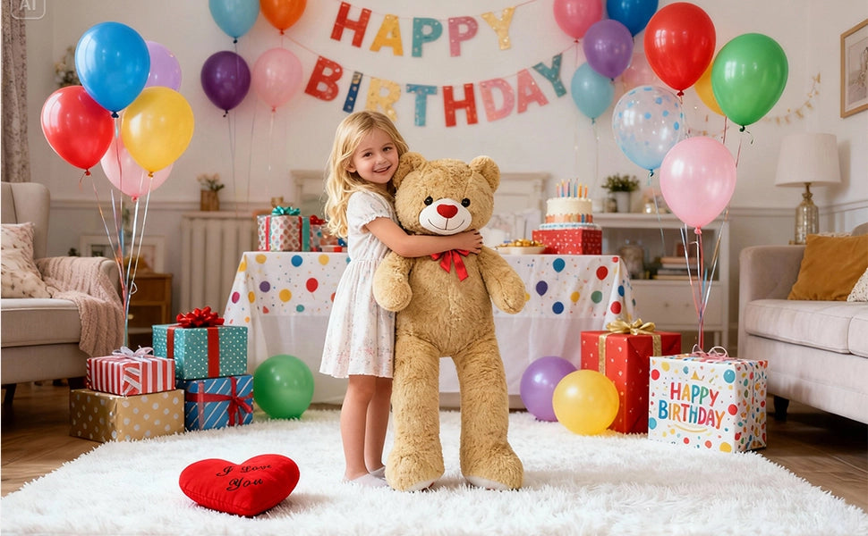 SRANWOW 43.3 Inch Giant Teddy Bear with Soft Heart Pillow, Plush Stuffed Animal, Valentine's Day Gift (Light Brown) - Detail 3