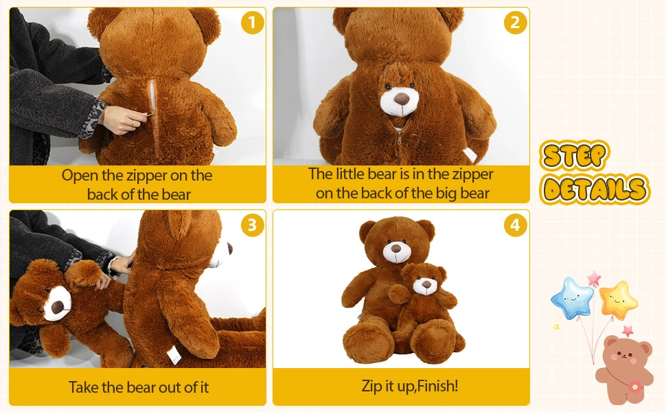 SRANWOW 2-in-1 Teddy Bear Plush Set, 39.4 inch Large & 17.7 inch Small, Stuffed Animal with Hidden Storage (Dark Brown) - Detail 2