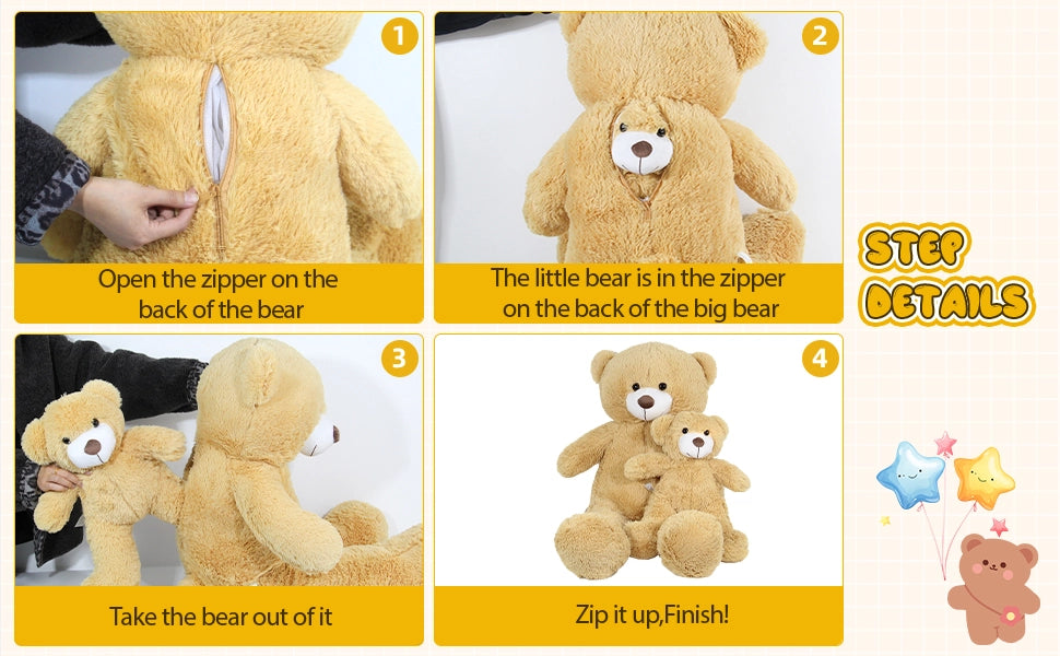 SRANWOW 2-in-1 Teddy Bear Plush Set, 39.4 inch Large & 17.7 inch Small, Stuffed Animal with Hidden Storage (Light Brown) - Detail 2