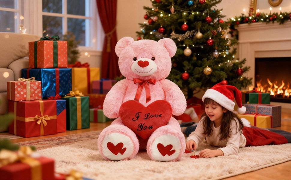 SRANWOW 43.3 Inch Giant Teddy Bear with Soft Heart Pillow, Plush Stuffed Animal, Valentine's Day Gift (Pink) - Detail 2