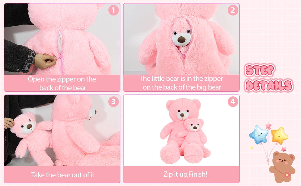 SRANWOW 2-in-1 Teddy Bear Plush Set, 39.4 inch Large & 17.7 inch Small, Stuffed Animal with Hidden Storage (Pink) - Detail 2
