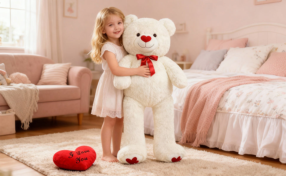 SRANWOW 43.3 Inch Giant Teddy Bear with Soft Heart Pillow, Plush Stuffed Animal, Valentine's Day Gift (White) - Detail 5