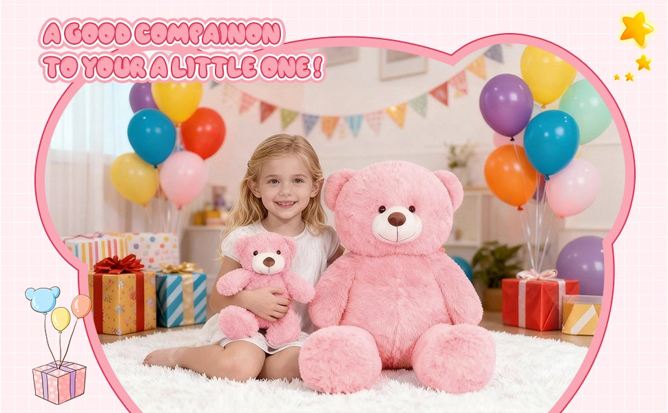 SRANWOW 2-in-1 Teddy Bear Plush Set, 39.4 inch Large & 17.7 inch Small, Stuffed Animal with Hidden Storage (Pink) - Detail 3