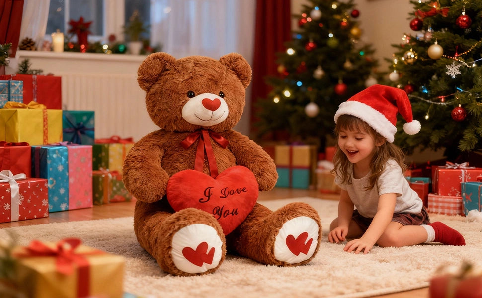 SRANWOW 43.3 Inch Giant Teddy Bear with Soft Heart Pillow, Plush Stuffed Animal, Valentine's Day Gift (Dark Brown) - Detail 3