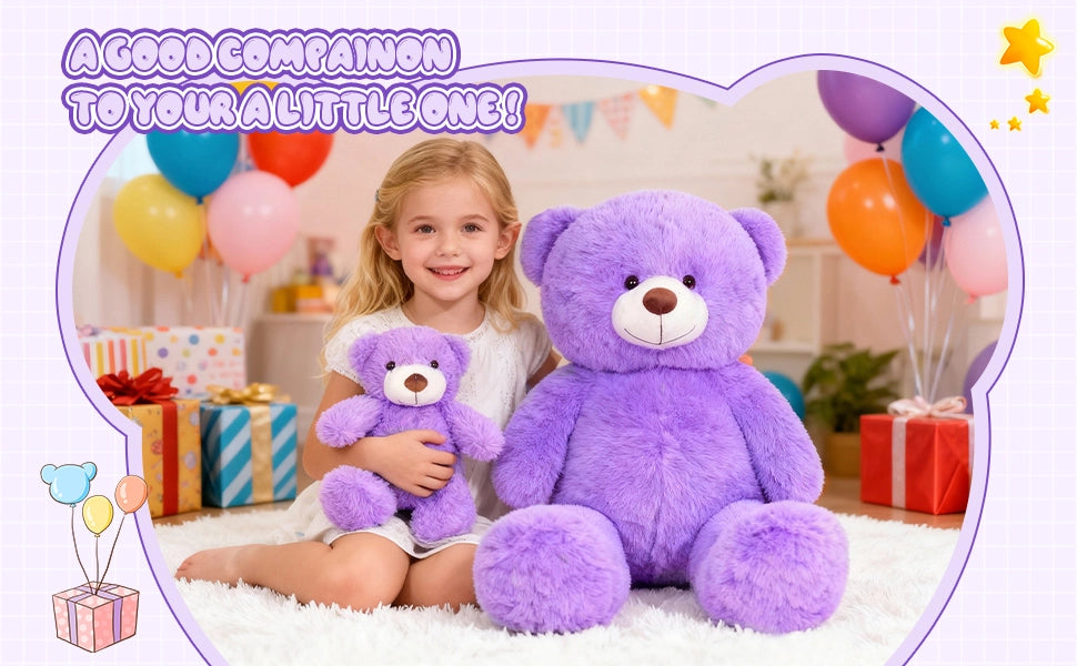 SRANWOW 2-in-1 Teddy Bear Plush Set, 39.4 inch Large & 17.7 inch Small, Stuffed Animal with Hidden Storage (Purple) - Detail 3