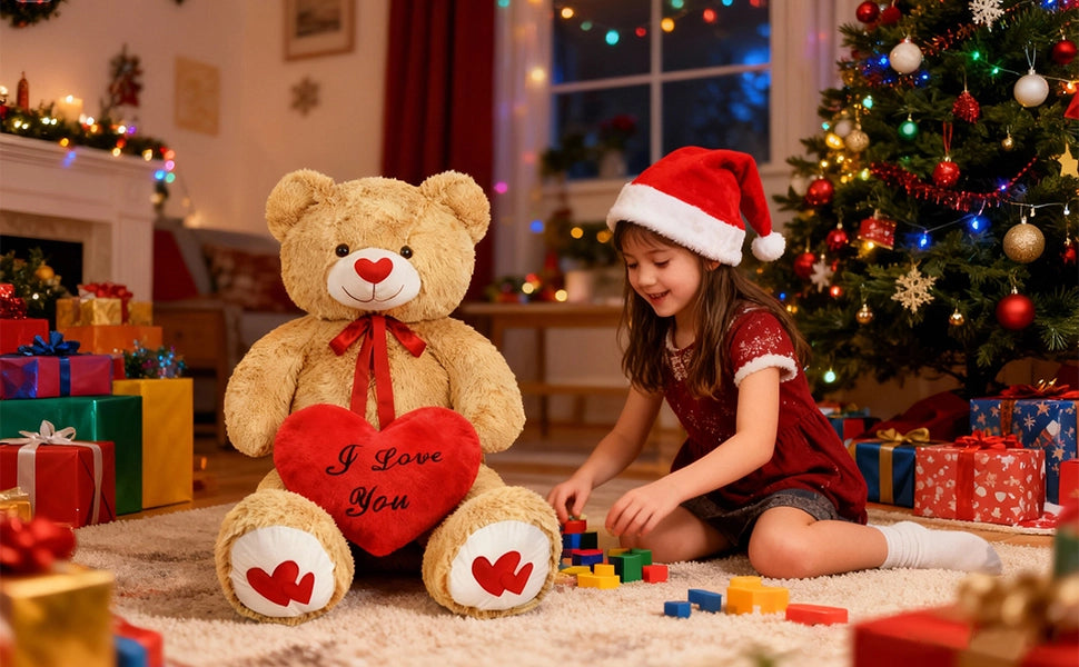 SRANWOW 43.3 Inch Giant Teddy Bear with Soft Heart Pillow, Plush Stuffed Animal, Valentine's Day Gift (Light Brown) - Detail 4