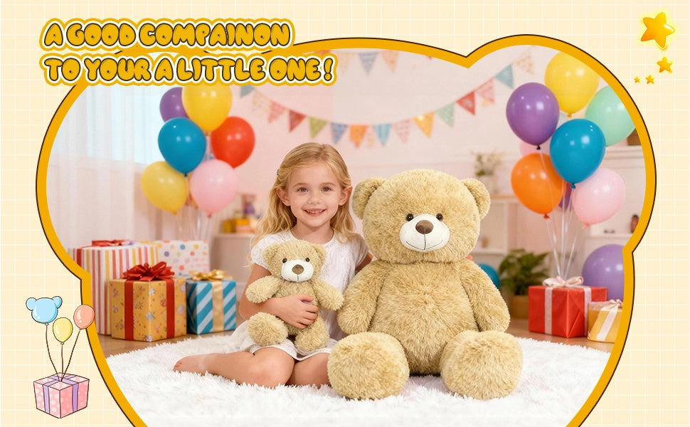 SRANWOW 2-in-1 Teddy Bear Plush Set, 39.4 inch Large & 17.7 inch Small, Stuffed Animal with Hidden Storage (Light Brown) - Detail 3