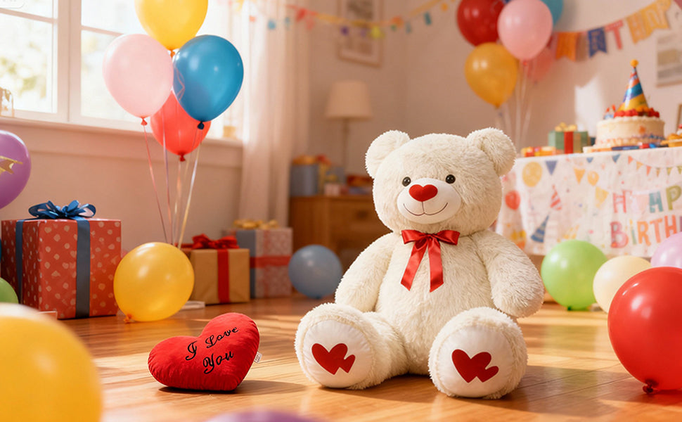 SRANWOW 43.3 Inch Giant Teddy Bear with Soft Heart Pillow, Plush Stuffed Animal, Valentine's Day Gift (White) - Detail 3