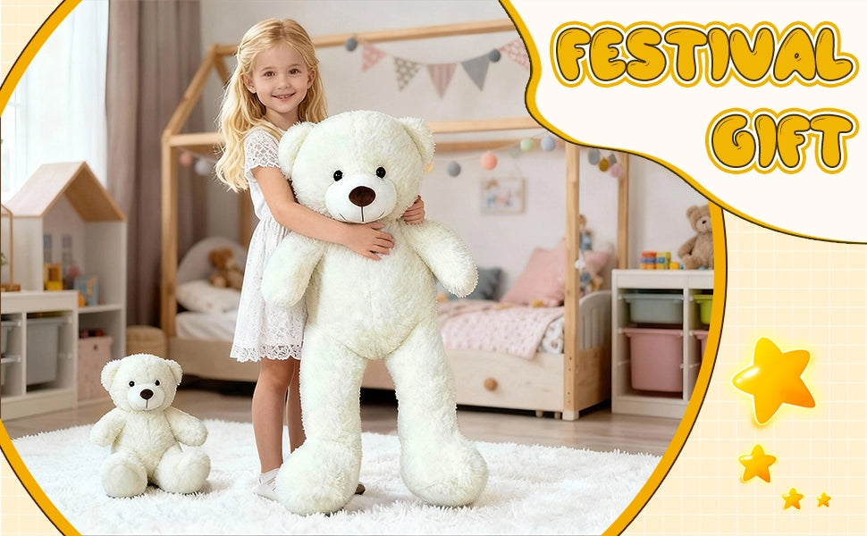 SRANWOW 2-in-1 Teddy Bear Plush Set, 39.4 inch Large & 17.7 inch Small, Stuffed Animal with Hidden Storage (Cream) - Detail 4