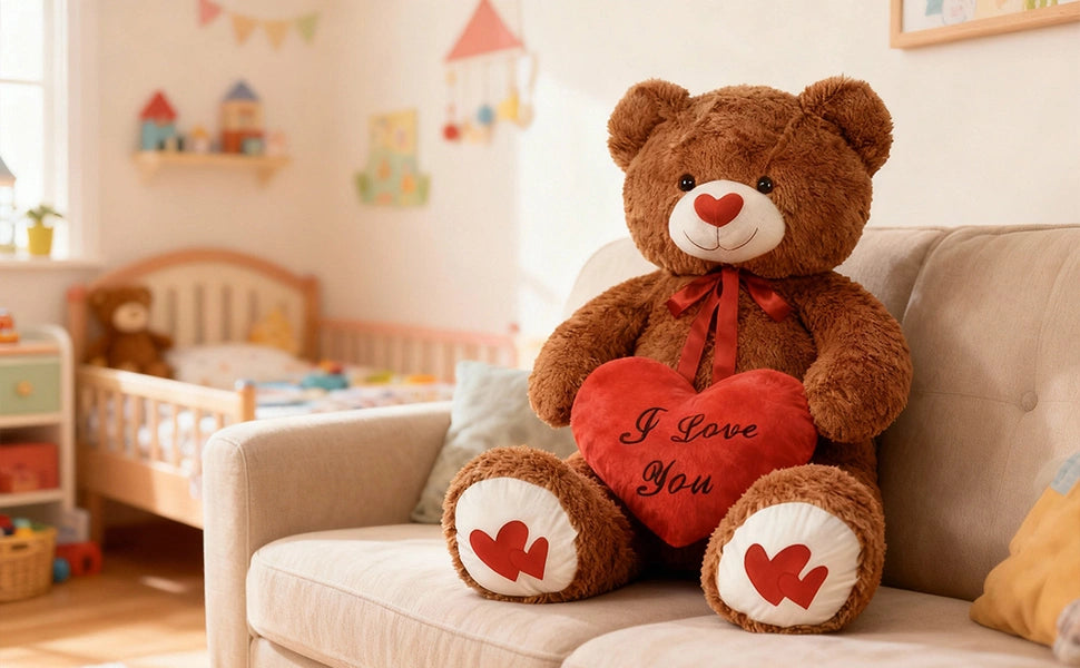 SRANWOW 43.3 Inch Giant Teddy Bear with Soft Heart Pillow, Plush Stuffed Animal, Valentine's Day Gift (Dark Brown) - Detail 4