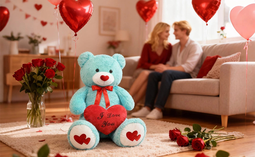SRANWOW 43.3 Inch Giant Teddy Bear with Soft Heart Pillow, Plush Stuffed Animal, Valentine's Day Gift (Blue) - Detail 5