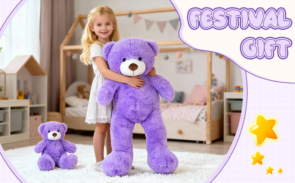 SRANWOW 2-in-1 Teddy Bear Plush Set, 39.4 inch Large & 17.7 inch Small, Stuffed Animal with Hidden Storage (Purple) - Detail 4