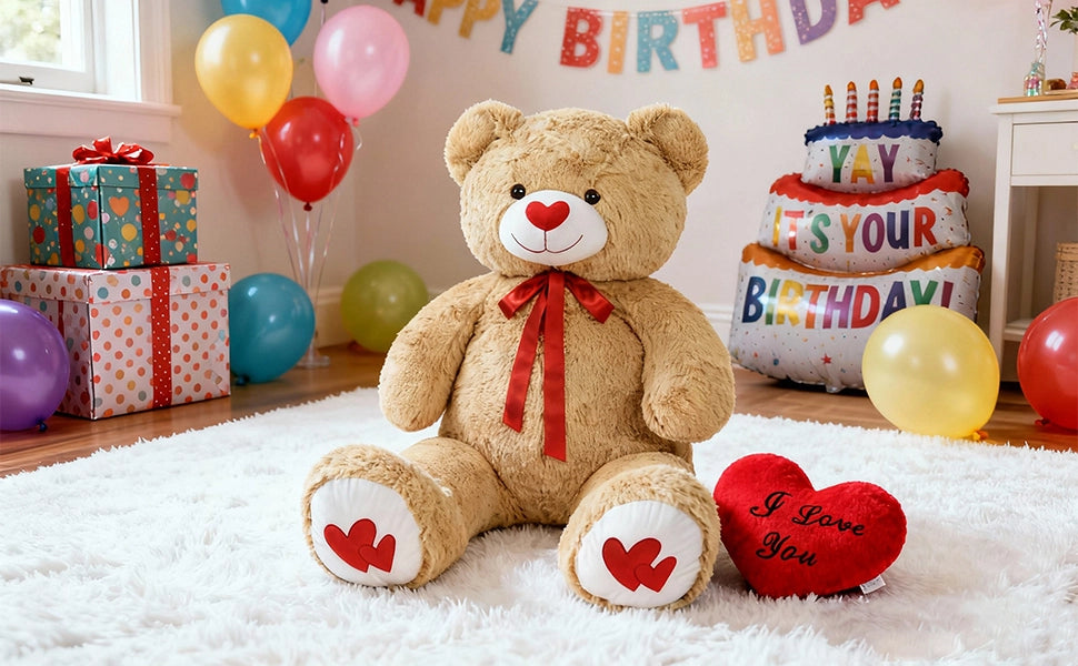 SRANWOW 43.3 Inch Giant Teddy Bear with Soft Heart Pillow, Plush Stuffed Animal, Valentine's Day Gift (Light Brown) - Detail 5
