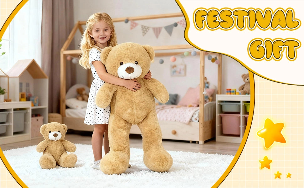 SRANWOW 2-in-1 Teddy Bear Plush Set, 39.4 inch Large & 17.7 inch Small, Stuffed Animal with Hidden Storage (Light Brown) - Detail 4