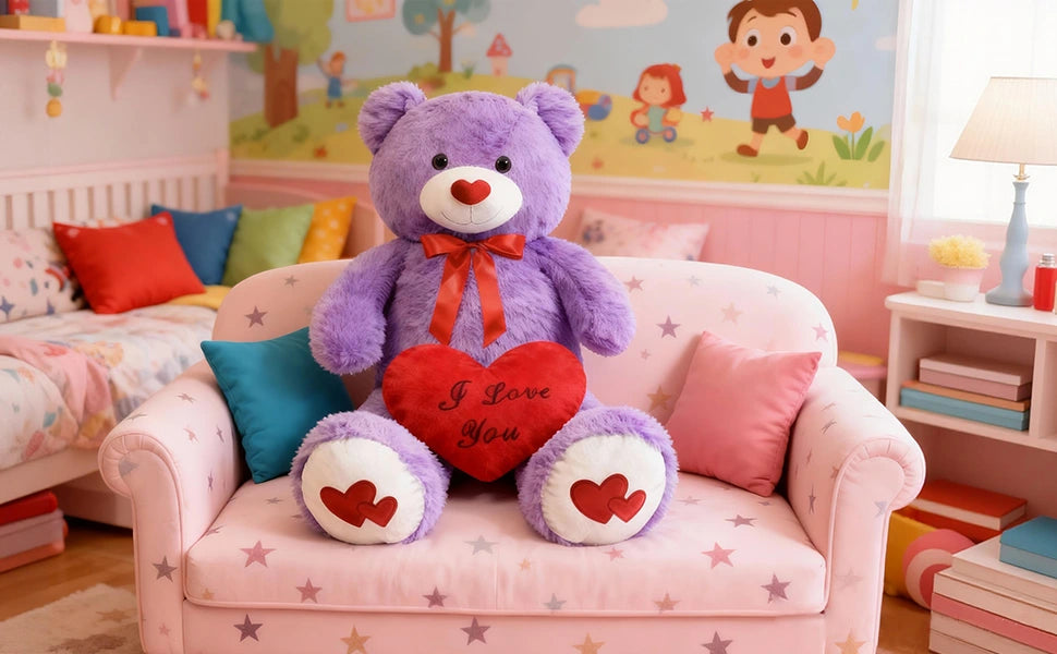 SRANWOW 43.3 Inch Giant Teddy Bear with Soft Heart Pillow, Plush Stuffed Animal, Valentine's Day Gift (Purple) - Detail 2