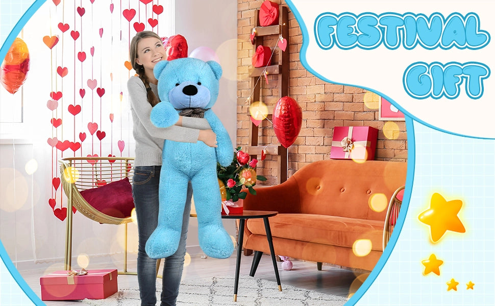 SRANWOW 3.7 feet 4.3 feet 5 feet 5.7 feet Giant Teddy Bear with Bow Tie, Super Soft Plush (Blue, 51 Inch) - Detail 4