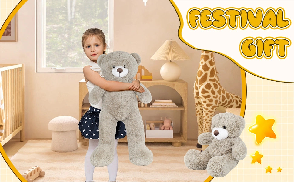 SRANWOW 2-in-1 Teddy Bear Plush Set, 39.4 inch Large & 17.7 inch Small, Stuffed Animal with Hidden Storage (Gray) - Detail 4