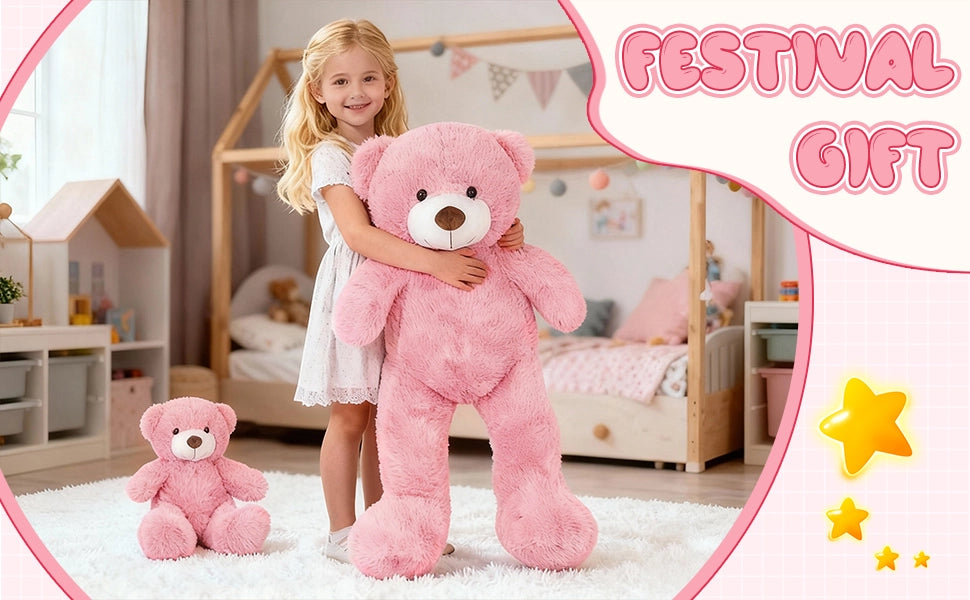 SRANWOW 2-in-1 Teddy Bear Plush Set, 39.4 inch Large & 17.7 inch Small, Stuffed Animal with Hidden Storage (Pink) - Detail 4