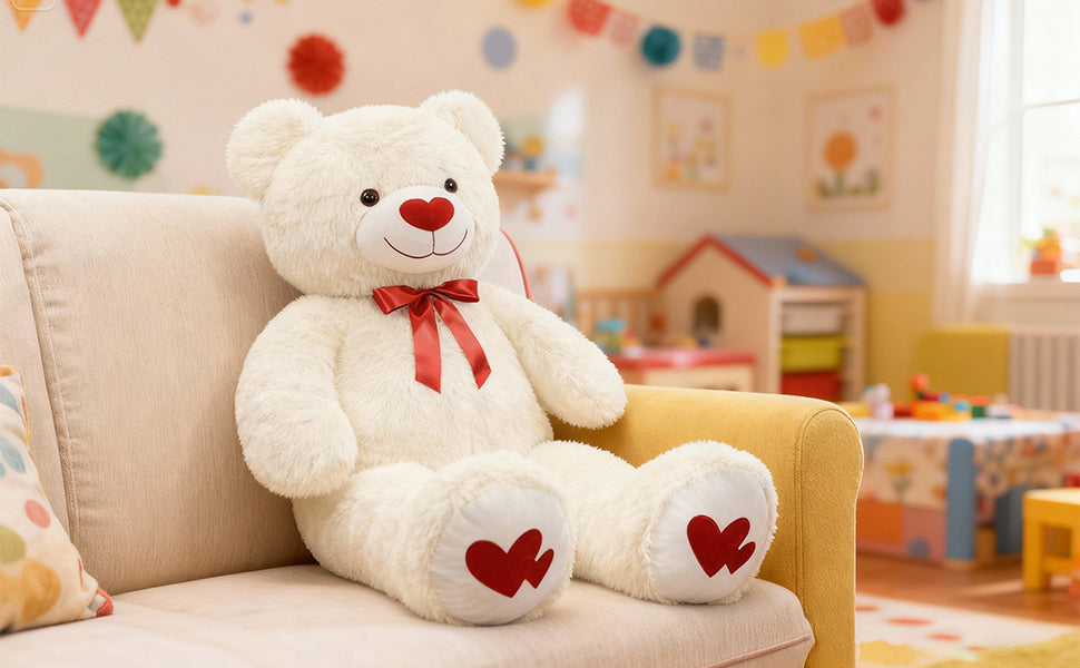 SRANWOW 43.3 Inch Giant Teddy Bear with Soft Heart Pillow, Plush Stuffed Animal, Valentine's Day Gift (White) - Detail 4