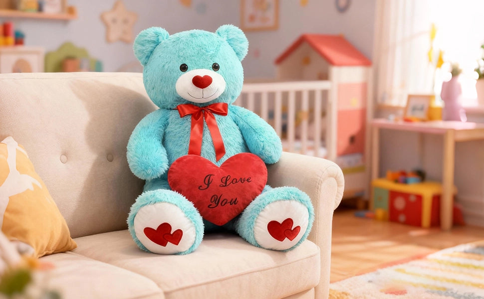 SRANWOW 43.3 Inch Giant Teddy Bear with Soft Heart Pillow, Plush Stuffed Animal, Valentine's Day Gift (Blue) - Detail 1