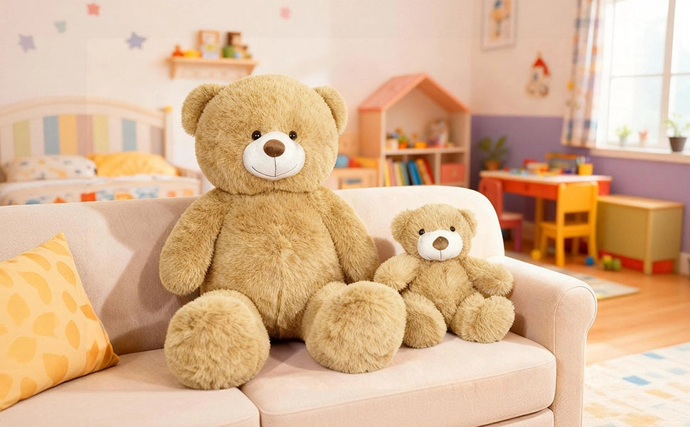 SRANWOW 2-in-1 Teddy Bear Plush Set, 39.4 inch Large & 17.7 inch Small, Stuffed Animal with Hidden Storage (Light Brown) - Detail 5