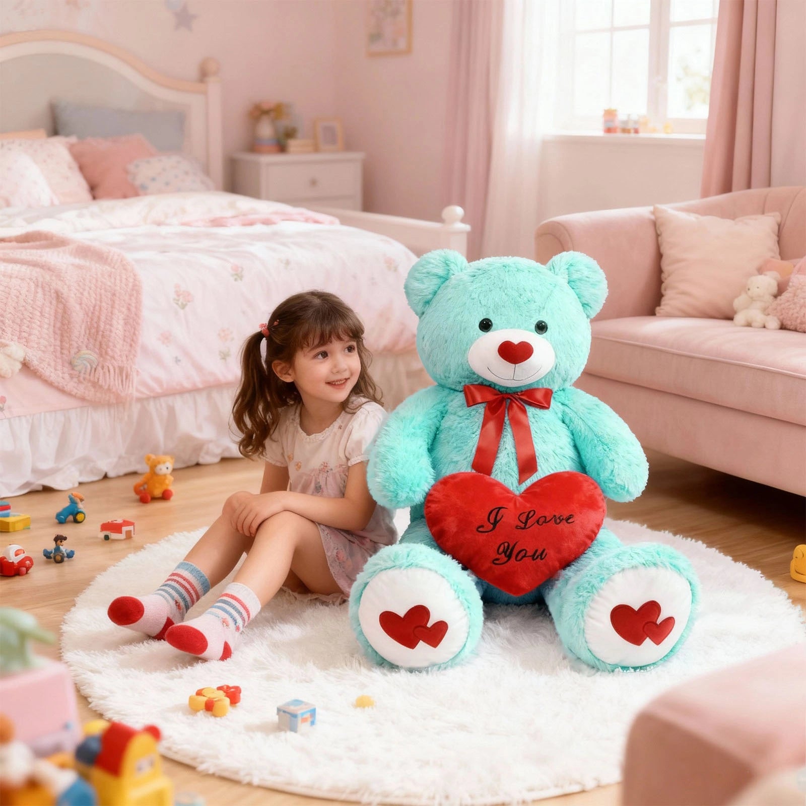 SRANWOW 43.3 Inch Giant Teddy Bear with Soft Heart Pillow, Plush Stuffed Animal, Valentine's Day Gift (Blue)