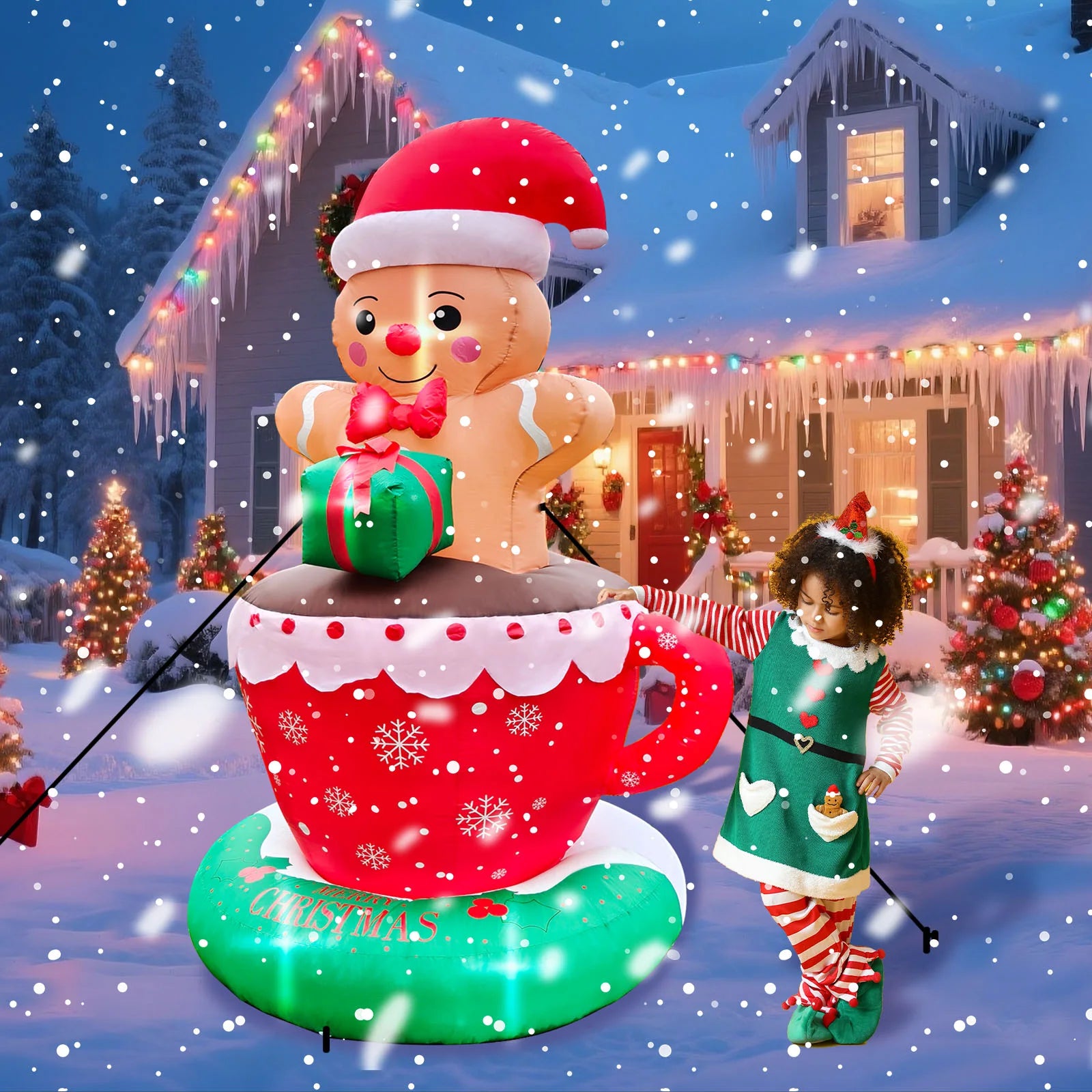 SRANWOW 8 FT Christmas Inflatable Gingerbread Man in Hot Cocoa Mug Outdoor Decorations with 6 LED Lights Holiday Yard Decoration Christmas Blow Up Decor Large Sets for Garden Lawn Xmas Party