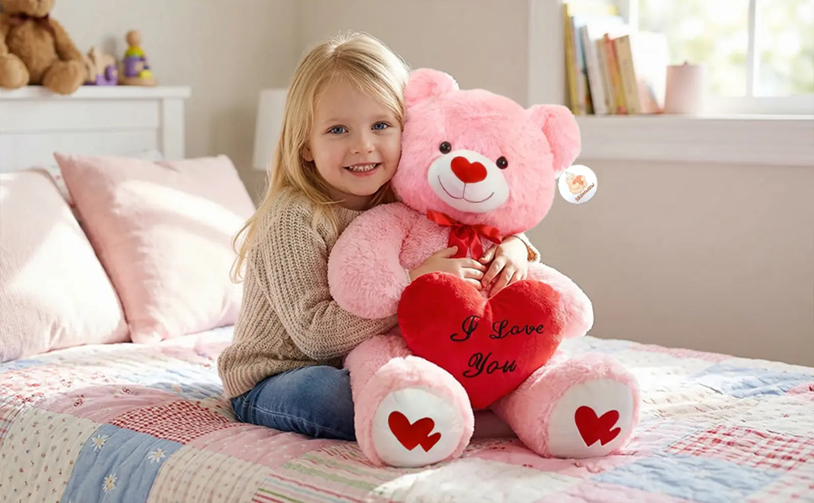 SRANWOW 43.3 Inch Giant Teddy Bear with Soft Heart Pillow, Plush Stuffed Animal, Valentine's Day Gift (Pink) - Detail 2