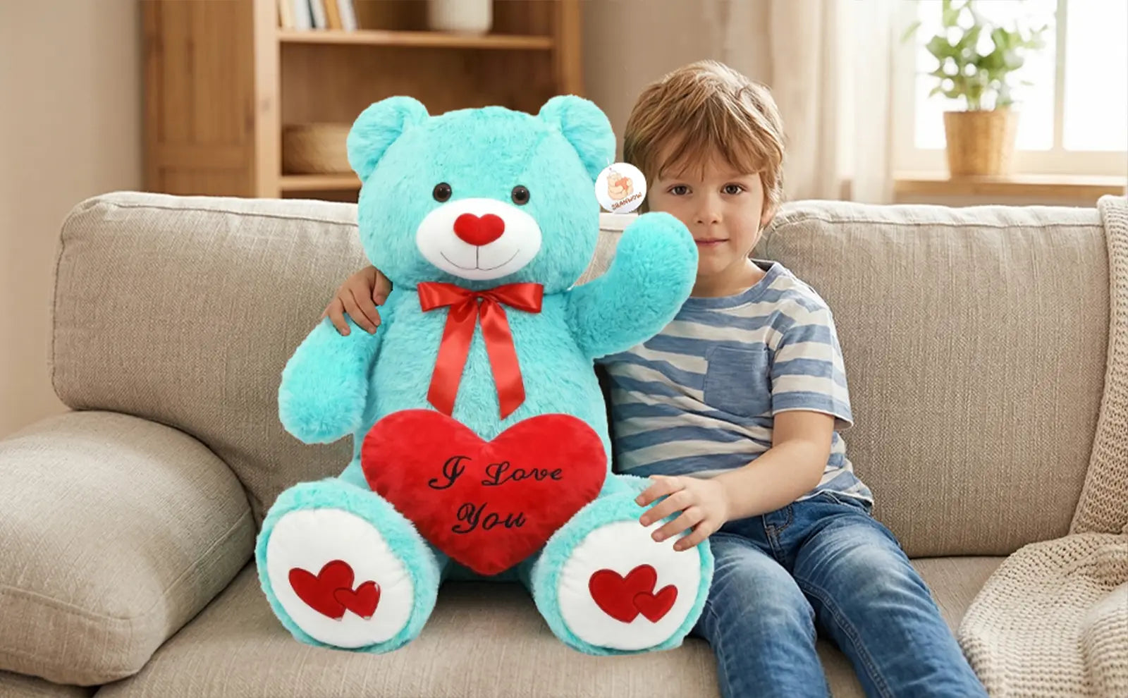 SRANWOW 43.3 Inch Giant Teddy Bear with Soft Heart Pillow, Plush Stuffed Animal, Valentine's Day Gift (Blue) - Detail 3