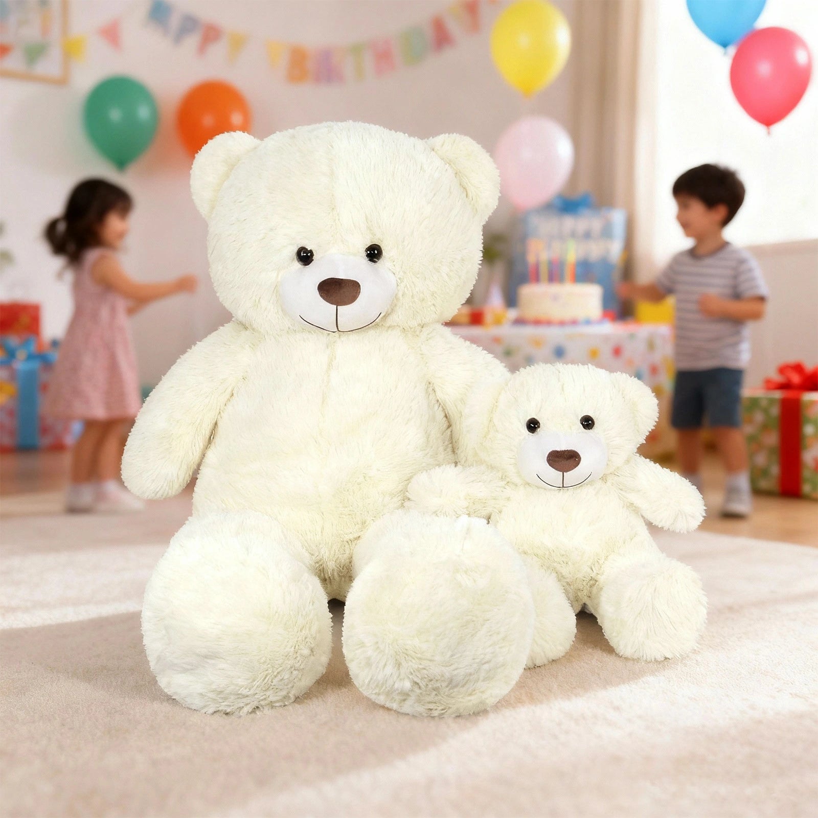 SRANWOW 2-in-1 Teddy Bear Plush Set, 39.4 inch Large & 17.7 inch Small, Stuffed Animal with Hidden Storage (Cream)
