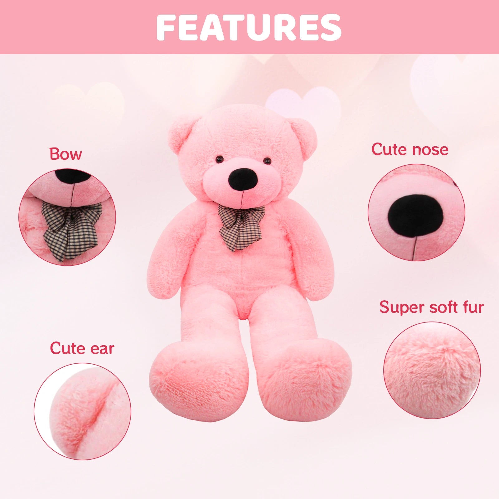 SRANWOW 3.7 feet 4.3 feet 5 feet 5.7 feet Giant Teddy Bear with Bow Tie, Super Soft Plush (Pink, 51 Inch)