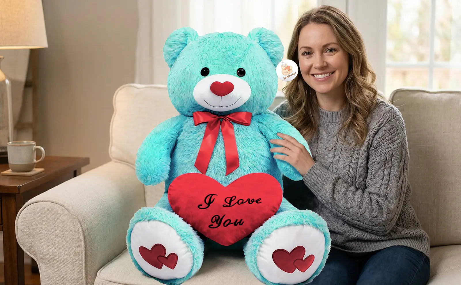 SRANWOW 43.3 Inch Giant Teddy Bear with Soft Heart Pillow, Plush Stuffed Animal, Valentine's Day Gift (Blue) - Detail 4