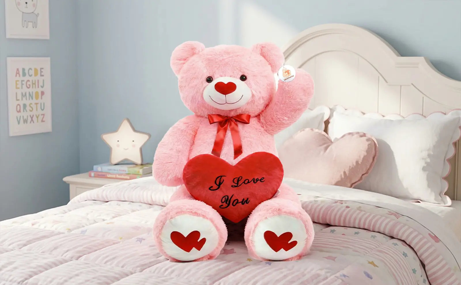 SRANWOW 43.3 Inch Giant Teddy Bear with Soft Heart Pillow, Plush Stuffed Animal, Valentine's Day Gift (Pink) - Detail 4